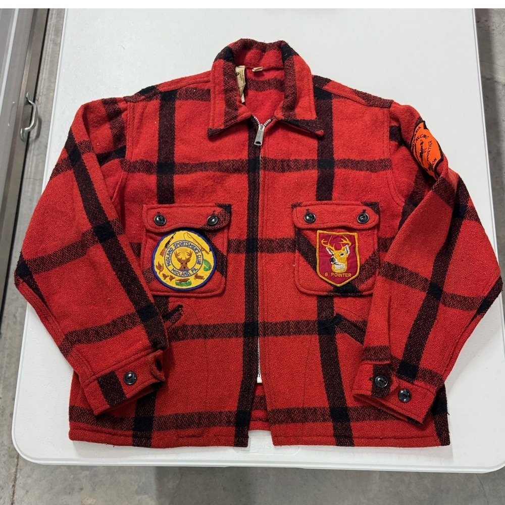 JCPenney Hunting Jacket Mens M Red Plaid Good Vintage Wool Zip Buffalo Patches